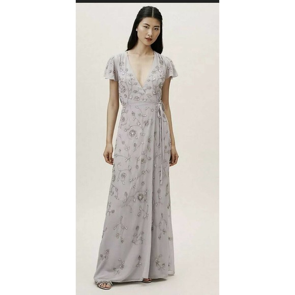 BHLDN Dresses & Skirts - BHLDN Plymouth Wrap Sequin Beaded Dress in Fog